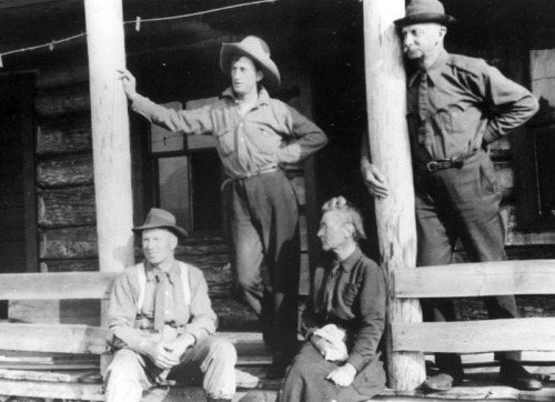 R.H. Campbell, Walter Potts, Mrs. Fernow, and Dr. Fernow on Bow River Forest, Alberta, 1915.