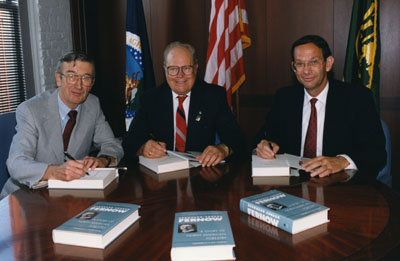 John McGuire, R. Max Peterson, and F. Dale Robertson at the book signing party for the 1991 reprint of the Fernow biography.